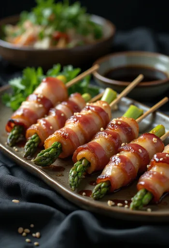 Asparagus bacon yakitori - spárga szalonnába tekerve friss zöldségekkel