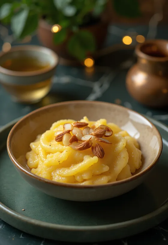 Badam ka Halwa gazdag mandulás ízekkel, pörkölt dióval és rózsavízzel.
