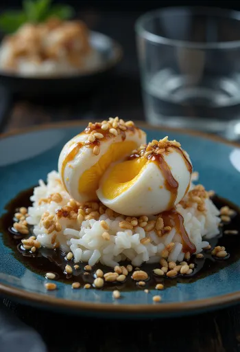 Balut szezámmaggal, rizs és pirított hagyma díszítéssel