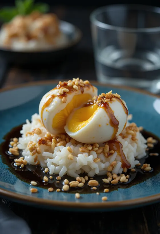 Balut szezámmaggal, rizs és pirított hagyma díszítéssel