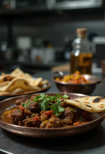 Bhuna Beef fokhagymával, tálalva friss korianderrel