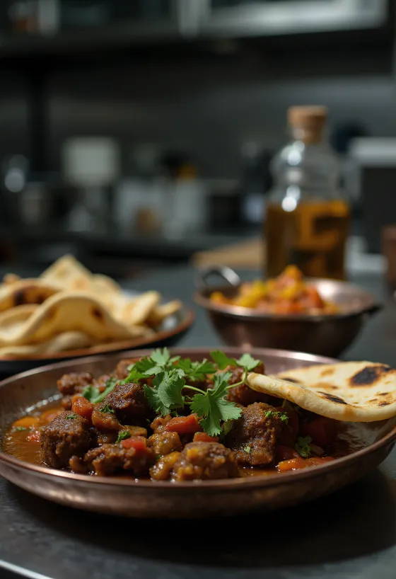 Bhuna Beef fokhagymával, tálalva friss korianderrel