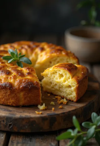 Bolo de fubá sajttal, aranybarna sütemény, gazdag sajttal tálalva.