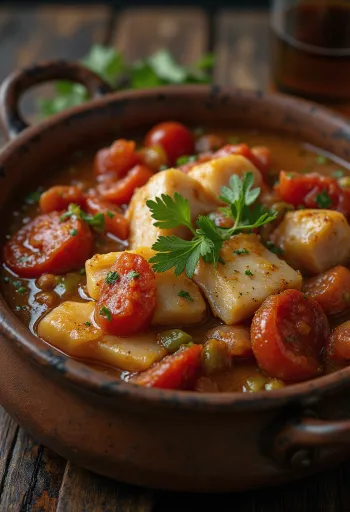 Caldeirada de peixe com chouriço, hal és kolbász kombinációjával tálalva
