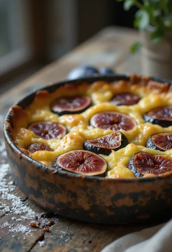 Friss, aranybarna Clafoutis fügével, tálalva