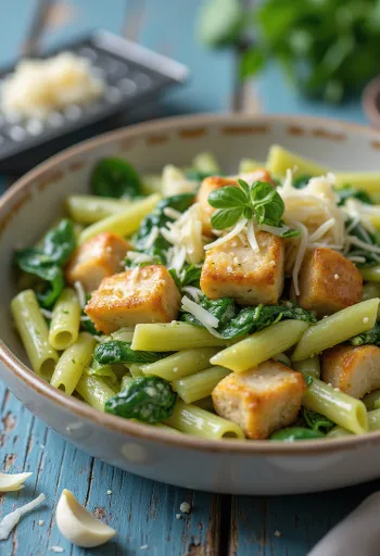 Csirkemell spenótos tésztával és parmezánnal tálalva