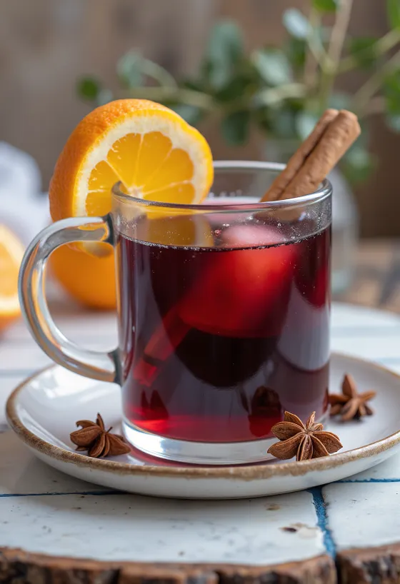 Fahéjas-fűszeres forralt bor bögrében, fahéjrúddal és narancsszelettel díszítve