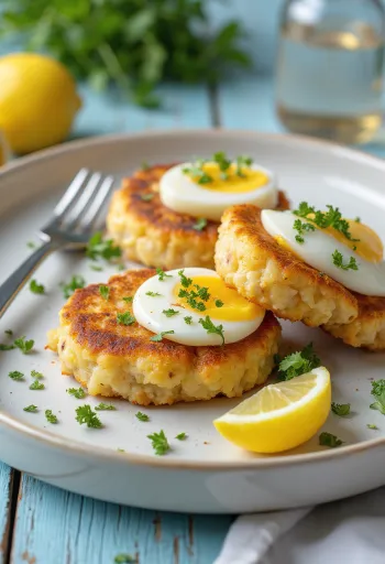 Fishcake tojással, tálalva ropogós külsővel és friss citrommal