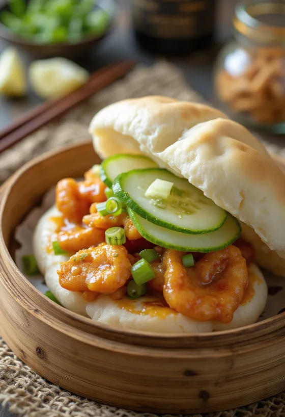 Fűszeres csirkés bao bun étel tálalva