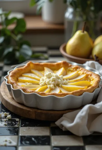 Gorgonzolás és körtés quiche szeletelve, rusztikus tálalásban