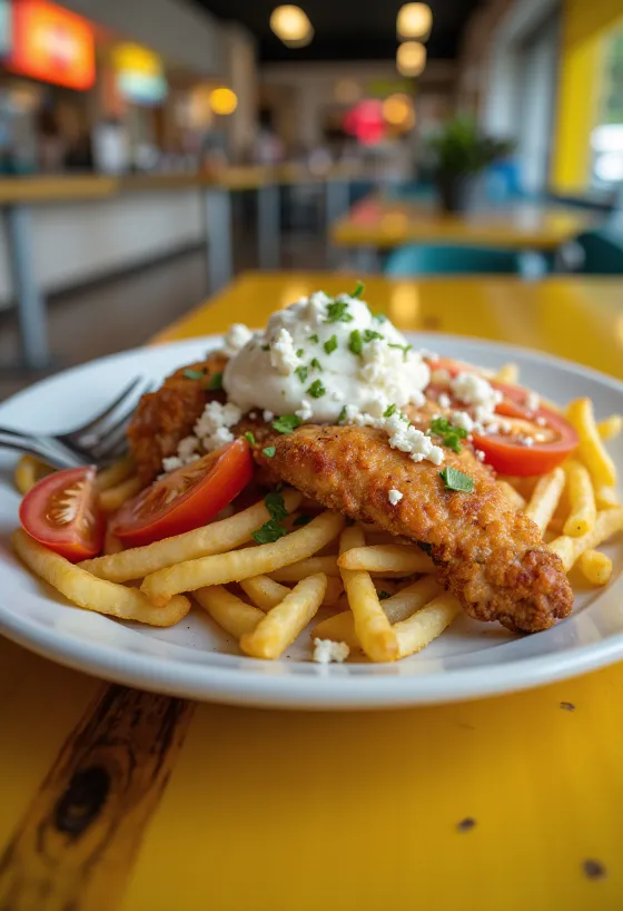 Gyros tányér sült csirkével, friss zöldségekkel, tzatziki szósszal és sült krumplival