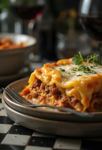 Húsos lasagna tálalva gazdag sajttal és friss zöldségekkel