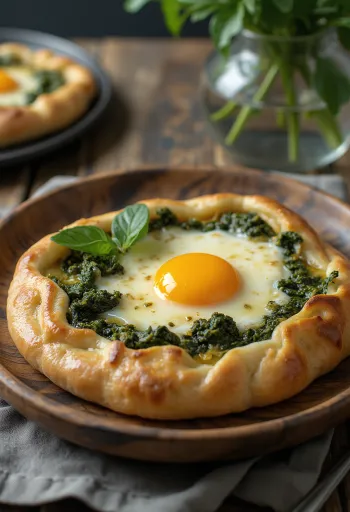 Khachapuri spenóttal, friss, aranybarna sajtos lepények spenóttal