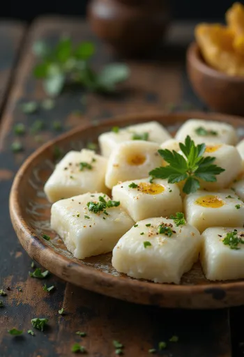 Khatta Dhokla friss korianderrel és citromlével tálalva