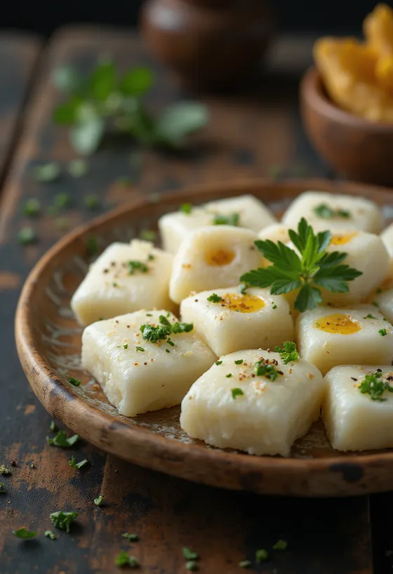 Khatta Dhokla friss korianderrel és citromlével tálalva