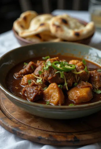 Klasszikus Nihari marhahús, fűszeres szószban tálalva főtt tojással és friss korianderrel