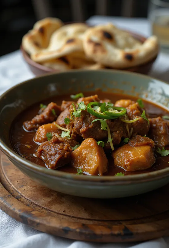 Klasszikus Nihari marhahús, fűszeres szószban tálalva főtt tojással és friss korianderrel