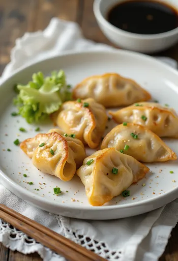 Póréhagymás gyoza ropogós aljú darabok szójaszószos mártogatóval tálalva