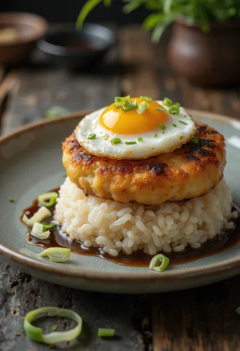 Loco moco halpogácsával, tükörtojással, korianderrel és salátával tálalva