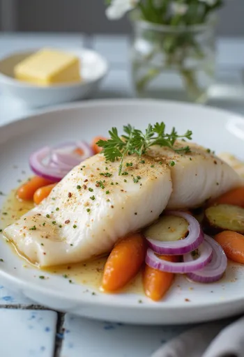 Lutefisk sült zöldségekkel tálalva, friss petrezselyemmel díszítve