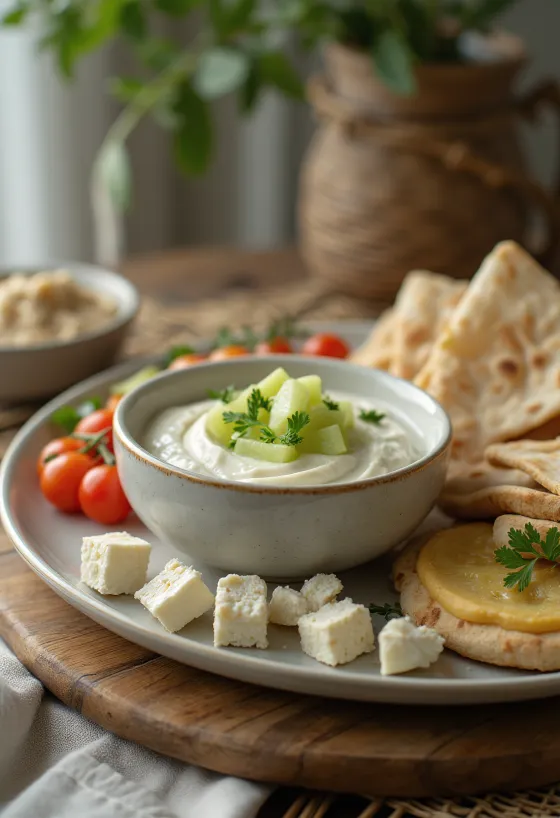 Friss meze tál cacikkal, hummusszal, fetasajttal és zöldségekkel tálalva