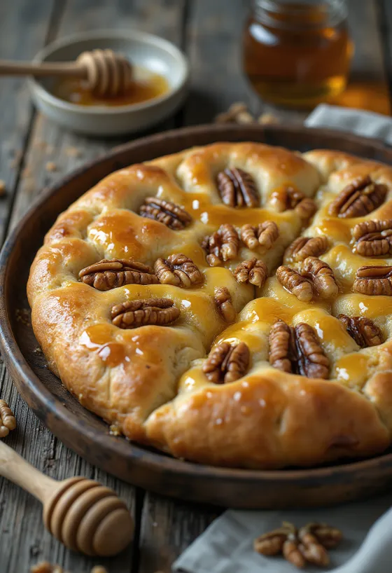 Mézes és diós focaccia tálalva