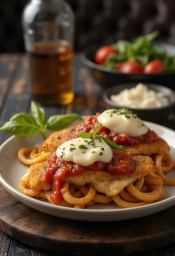Milanesa napolitana olívaolajjal, paradicsomszósszal és olvadt mozzarellával tálalva