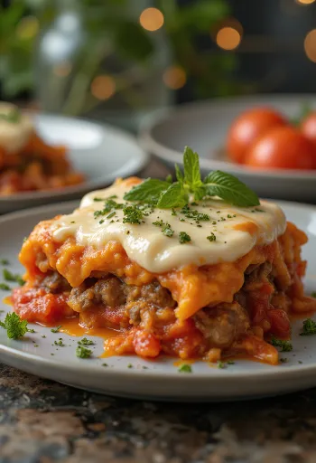 Moussaka paradicsommal, húsos és túrós rétegekkel