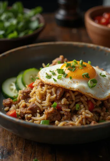 Nasi Goreng marhahússal és tükörtojással tálalva