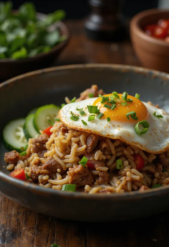Nasi Goreng marhahússal és tükörtojással tálalva