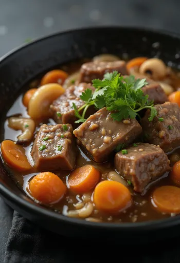 Oden marhahússal, gazdag japán leves zöldségekkel, korianderrel díszítve