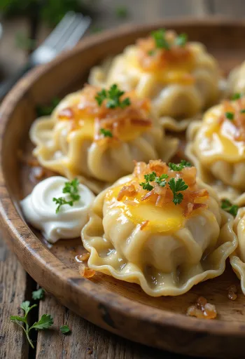 Pierogi zöldségekkel, friss zöldséges töltelékkel tálalva