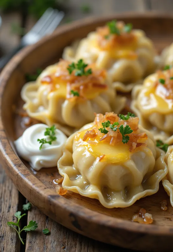 Pierogi zöldségekkel, friss zöldséges töltelékkel tálalva