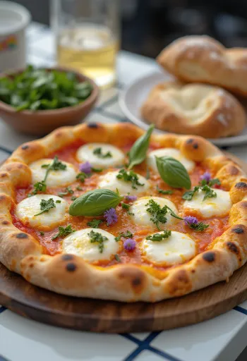 Pizza ai Fiori di Basilico friss bazsalikom virágokkal és mozzarellával