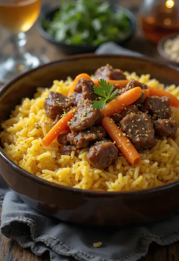Plov bárányhússal, rizses étel friss korianderrel tálalva