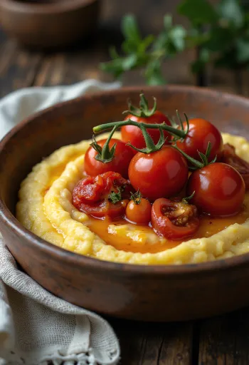 Polenta sült paradicsommal, fokhagymás olajjal meglocsolva, tálalva
