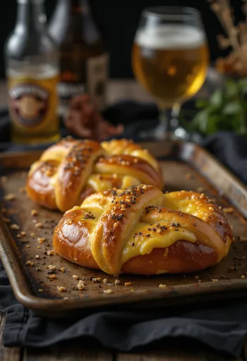Pretzel füstölt sajttal tálalva, gazdag füstölt sajttal a tetején, kívül ropogós és belül puha.
