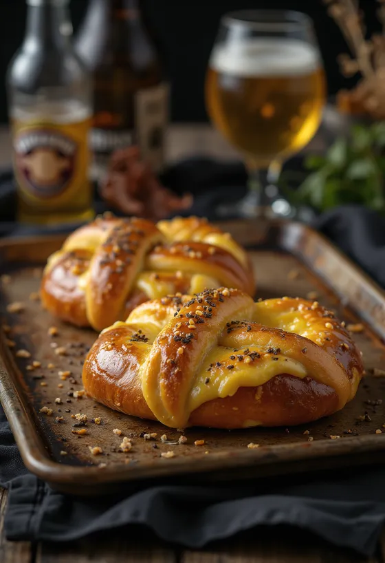 Pretzel füstölt sajttal tálalva, gazdag füstölt sajttal a tetején, kívül ropogós és belül puha.