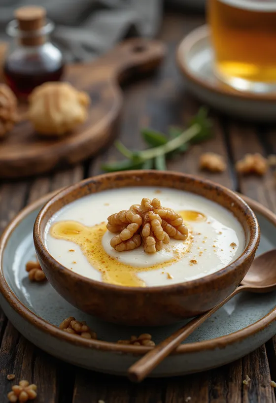 Probiotikus Dióval ízesített kefir tálalva, dióval és friss citromlével díszítve