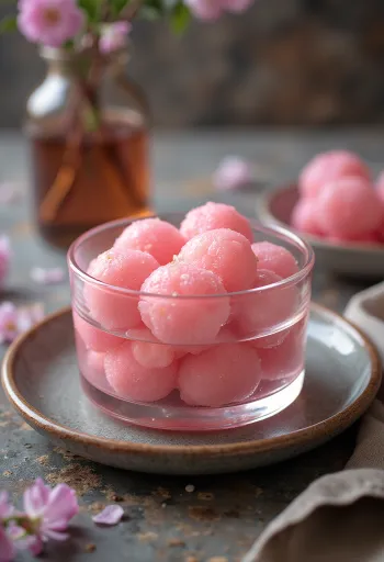 Rózsaszínű Rasgulla, indiai rózsavizes édesség, friss korianderrel