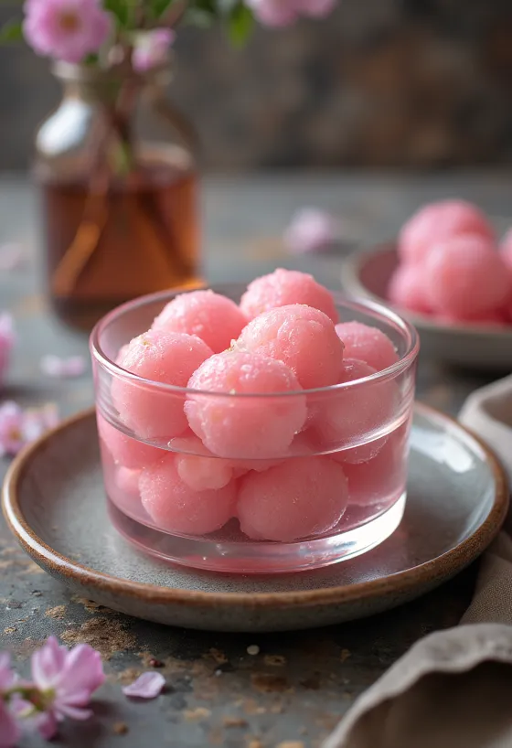 Rózsaszínű Rasgulla, indiai rózsavizes édesség, friss korianderrel