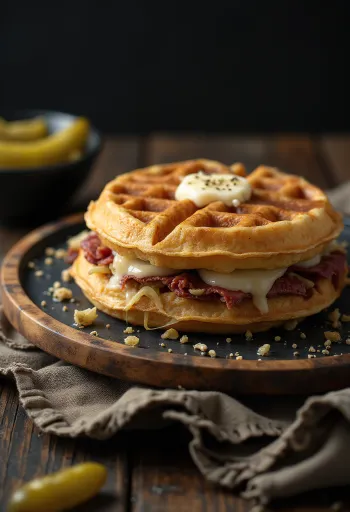 Reuben szendvics gofri frissen sütve pastrami marhahússal és savanyú káposztával