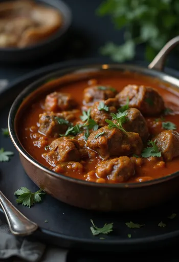 Rogan Josh maval virággal, fűszeres szószban tálalva