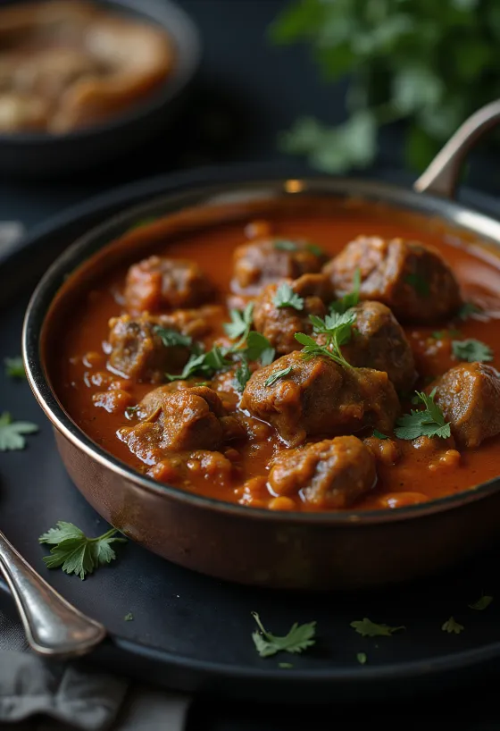 Rogan Josh maval virággal, fűszeres szószban tálalva