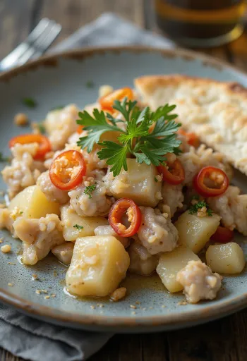 Surströmming csípős paprikával tálalva, fűszeres krumplival