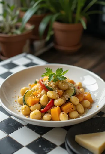 Sütőtökös gnocchi zöldségekkel tálalva
