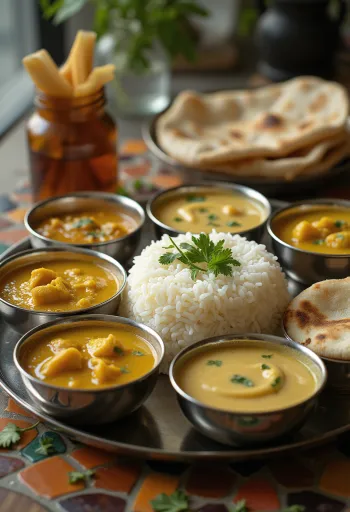 Thali maharashtrai stílusban, friss korianderrel és chili szeletekkel