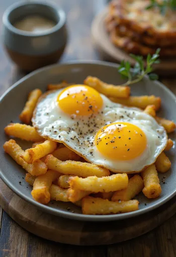 Yuca frita sült tojással, frissen őrölt borssal tálalva