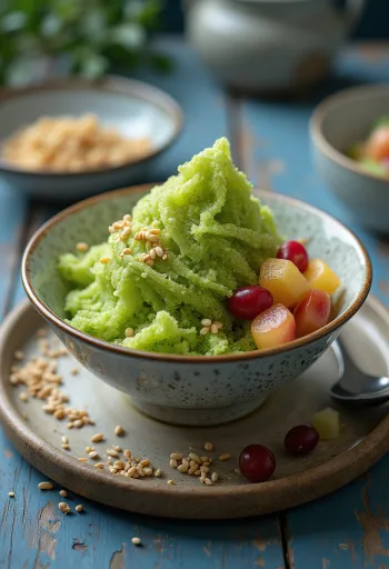 Zöld Tea Bingsu, koreai jégdesszert matcha porral, friss gyümölcsökkel és pörkölt szezámmal