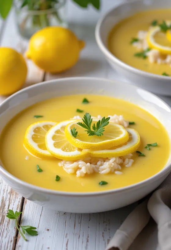 Avgolemono citromkarikákkal tálalva, friss és krémes görög leves